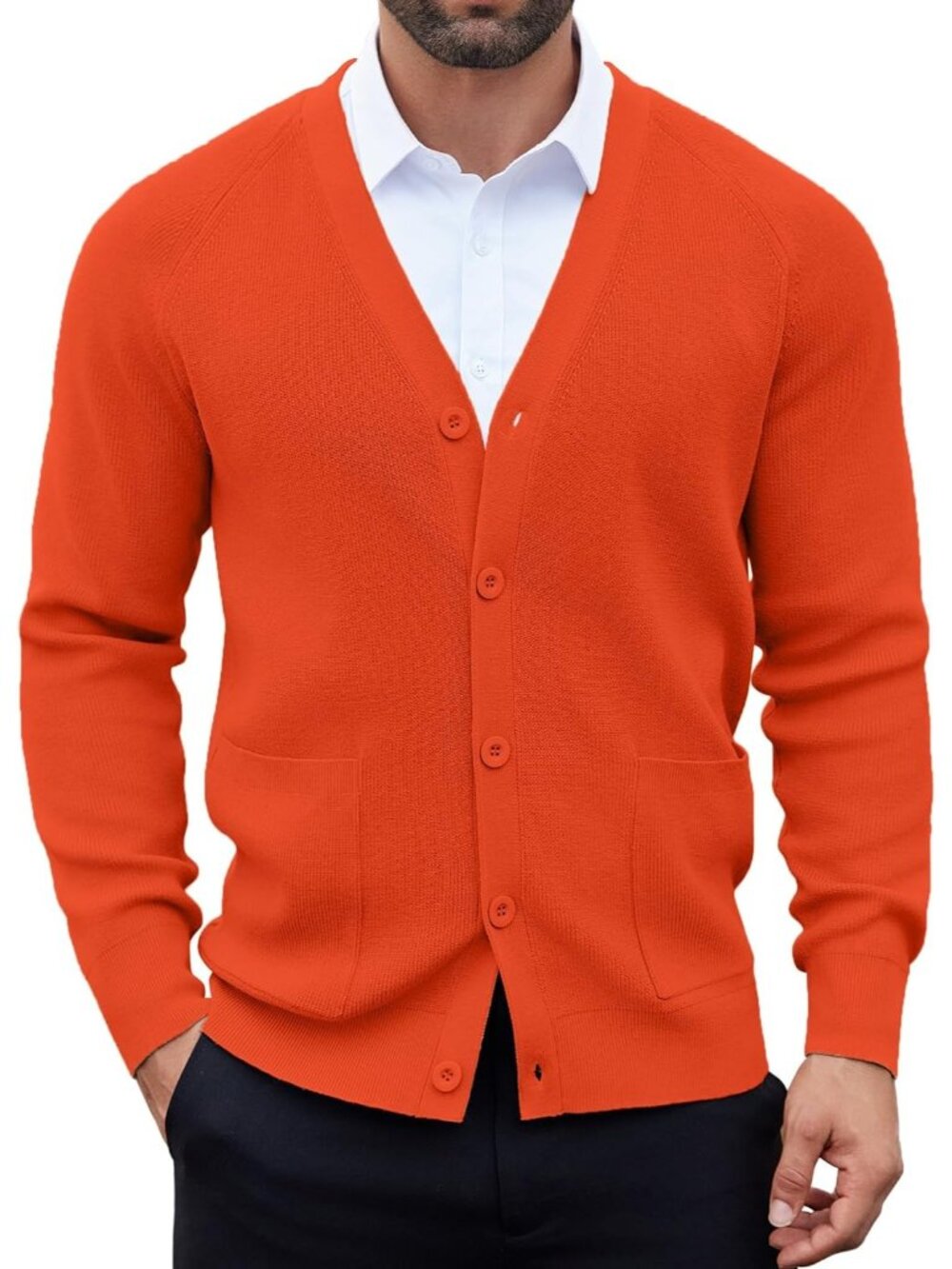 🆕Men's Orange Cardigan Sweaters with Button Lightweight V Neck Casual